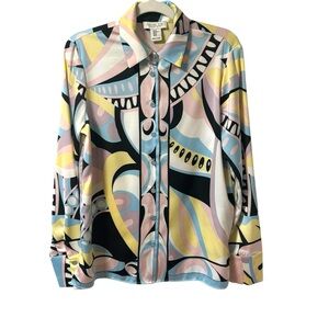 Rachel Zoe Satin Blouse Button Up Button Down Womens XS Artistic Design Pastel